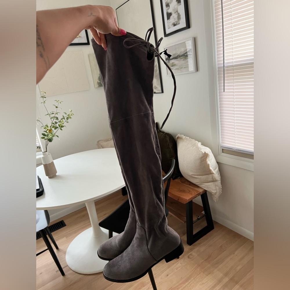 Gray suede thigh high boots